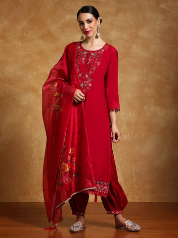 Varanga Women Floral Motif Thread Embroidered Yoke Kurta with Trouser & Dupatta